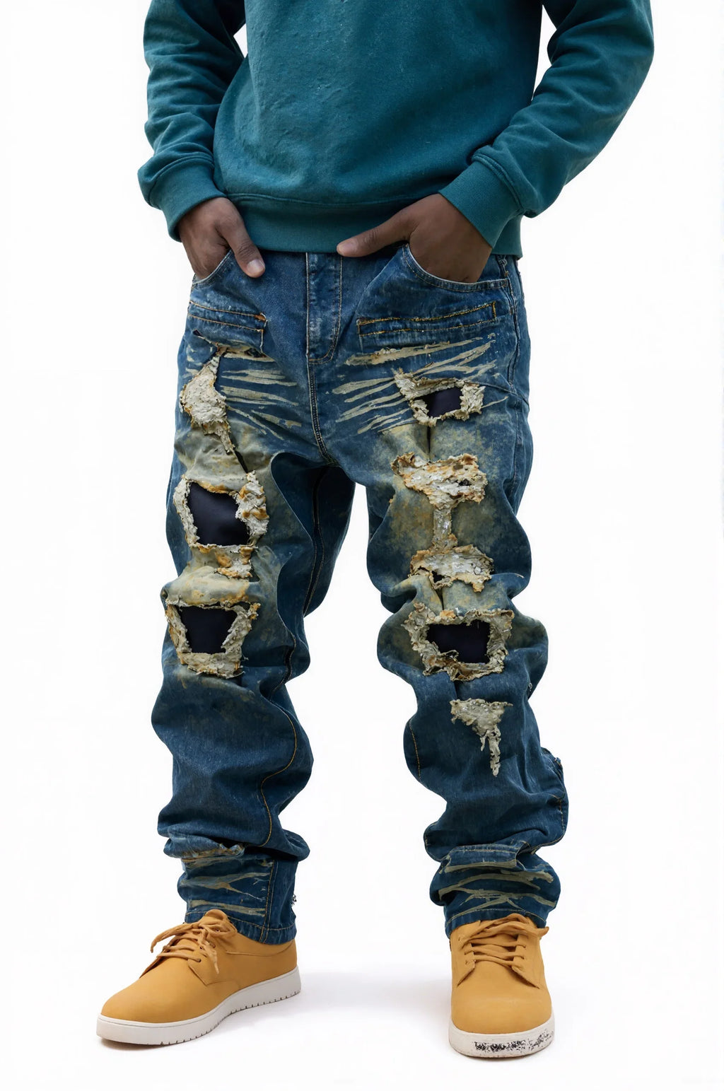 Men's Plus-Size Ripped Jeans Gradient Wash Extra Loose Fit Loose Fit Jeans Qme