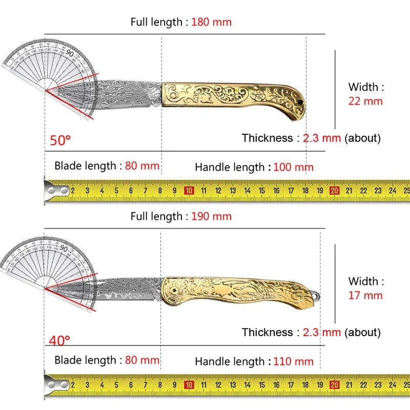 Damascus Steel Folding Knife – Copper Handle, BBQ & Kitchen Damascus Folding Knife Qst