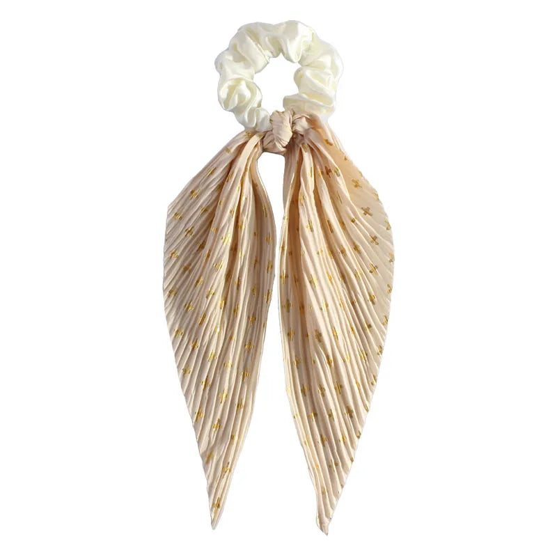 Handmade Pleated Chiffon Scrunchie Long Ribbon Elastic Hair Tie Chiffon Hair Scrunchie Qme Beige 5Pcs