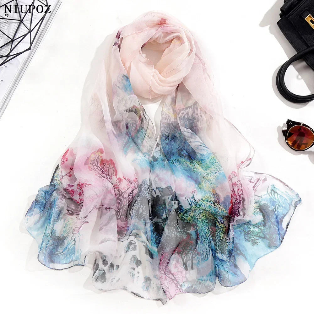 Lotus Print Chiffon Georgette Scarf – Sun-Protective Beach Wrap Chiffon Scarf Wrap Qme