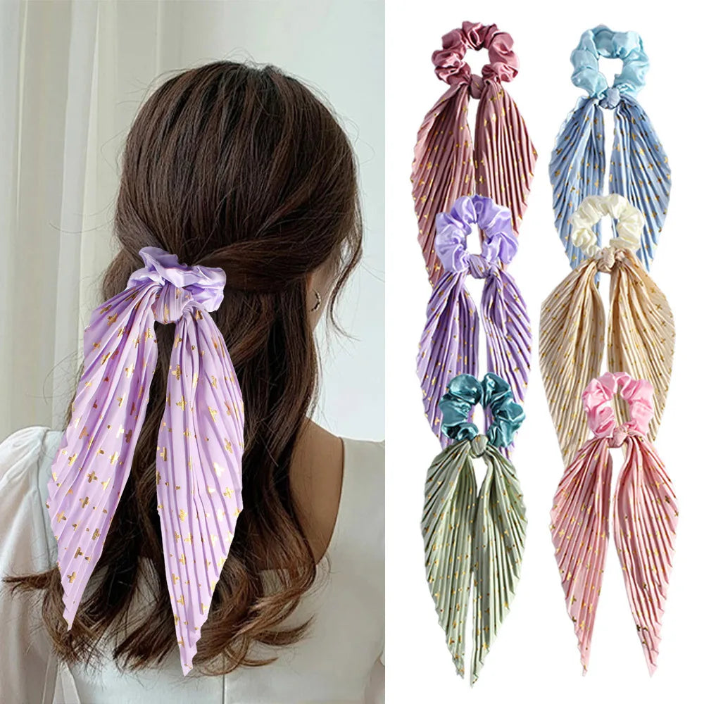 Handmade Pleated Chiffon Scrunchie Long Ribbon Elastic Hair Tie Chiffon Hair Scrunchie Qme