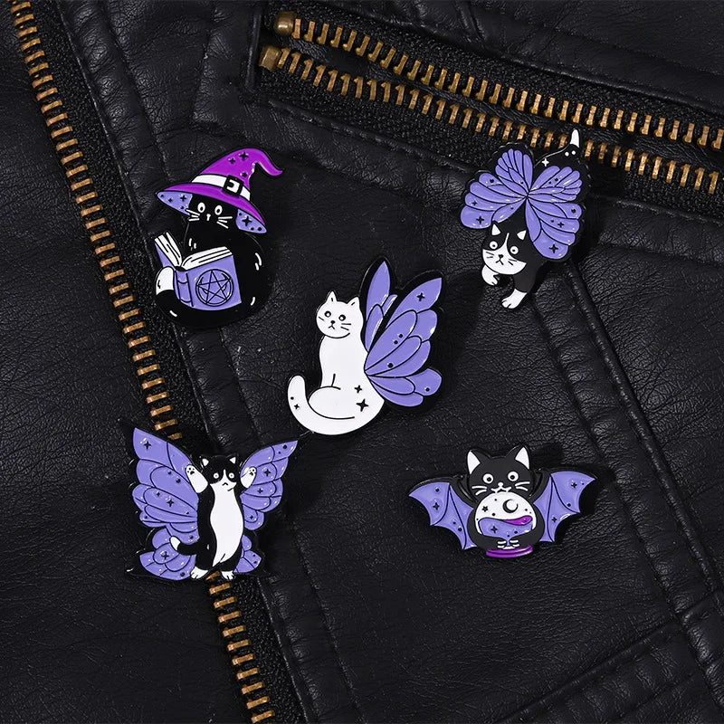 Witch Enamel Pin – Black Cat Magic Hat & Book Brooch Badge Enamel Lapel Pin Qme