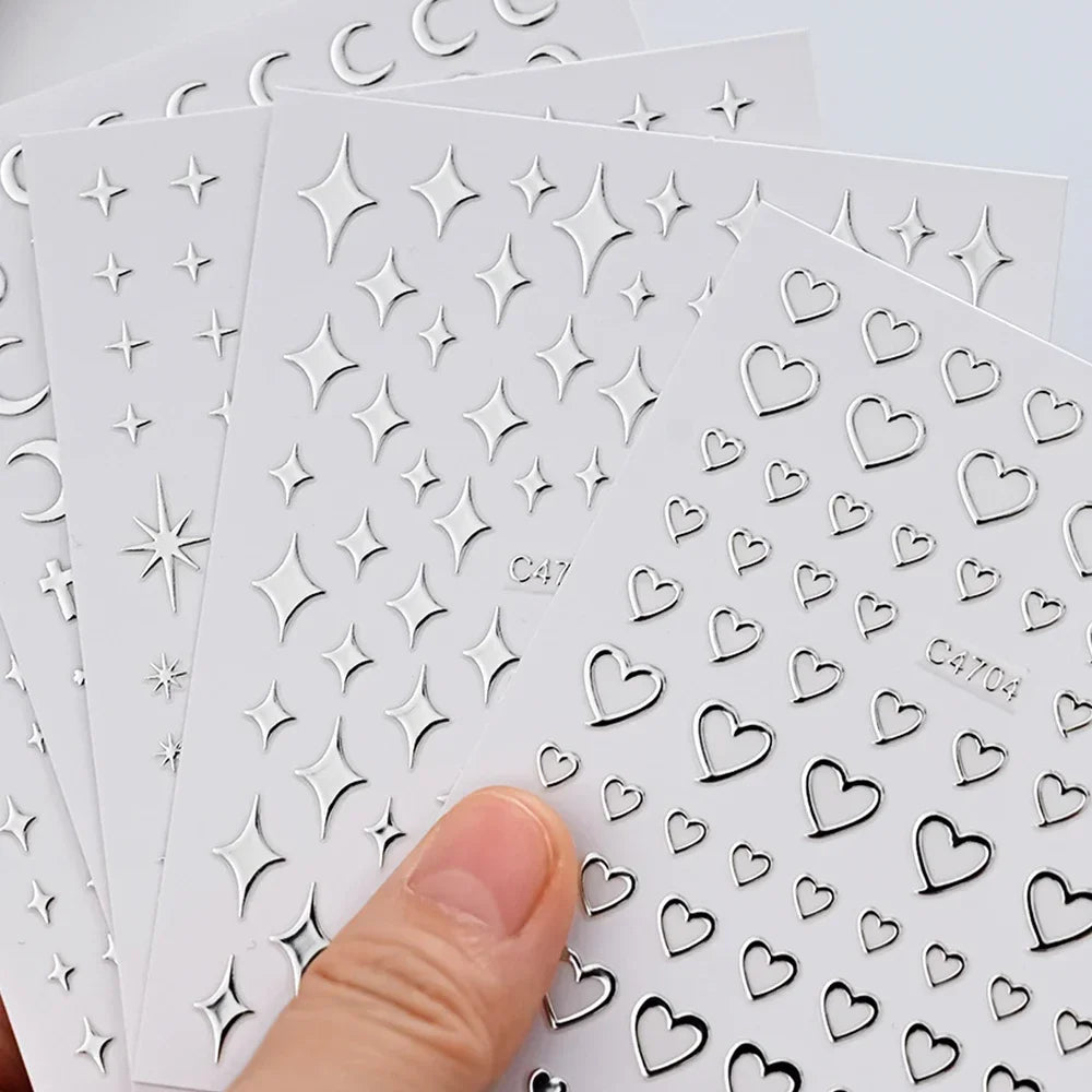 6 Sheets Metallic 3D Star Nail Art Stickers – Silver Decals Nail Art Stickers Qme