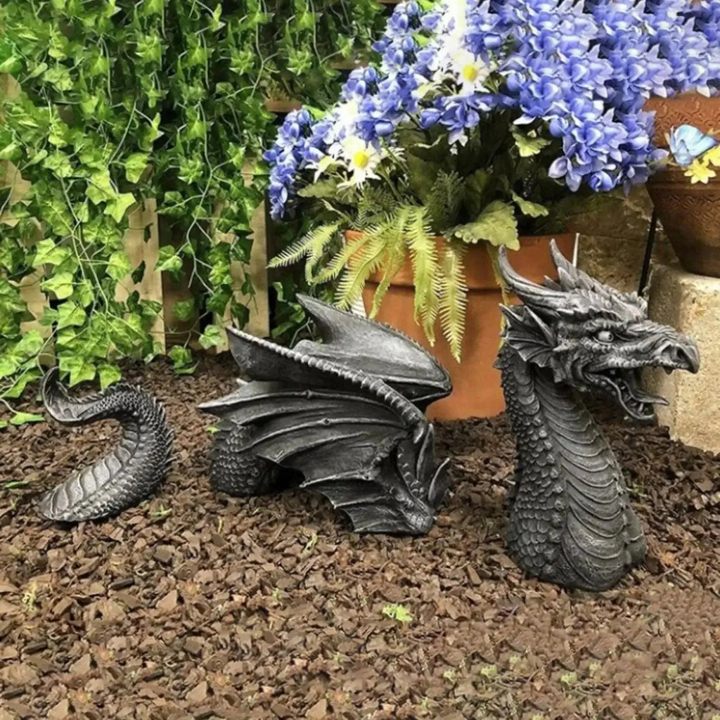 Dragon Resin Lawn Sculpture – Gothic Fantasy Garden Statue Garden Sculpture Qme Black