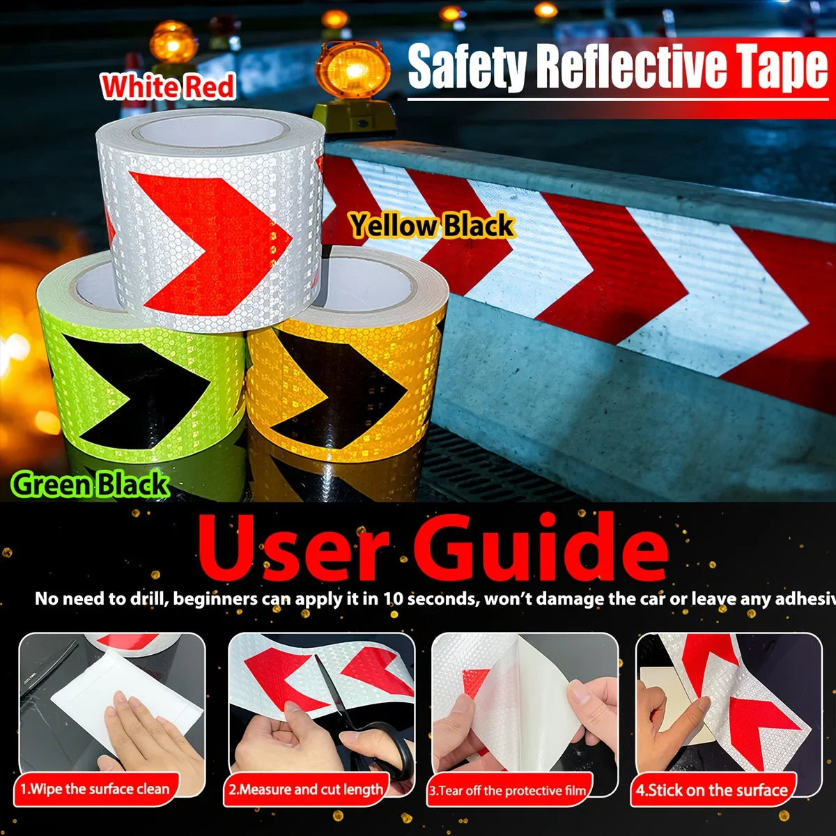 Waterproof Arrow Reflective Warning Tape Stickers | 5 Colors Reflective Safety Tape Qme