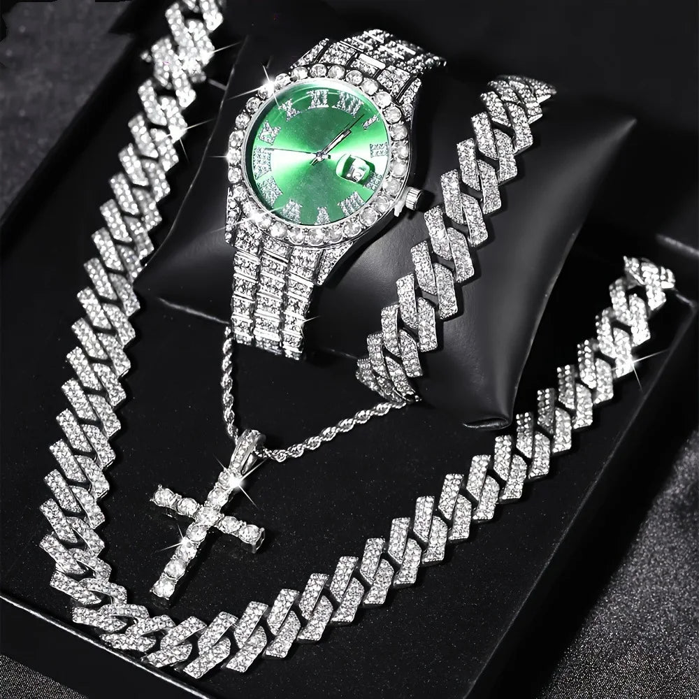Diamond Studded Luxury Quartz Watch & Cuban Bracelet Set Quartz Watch Set Qme Coffee