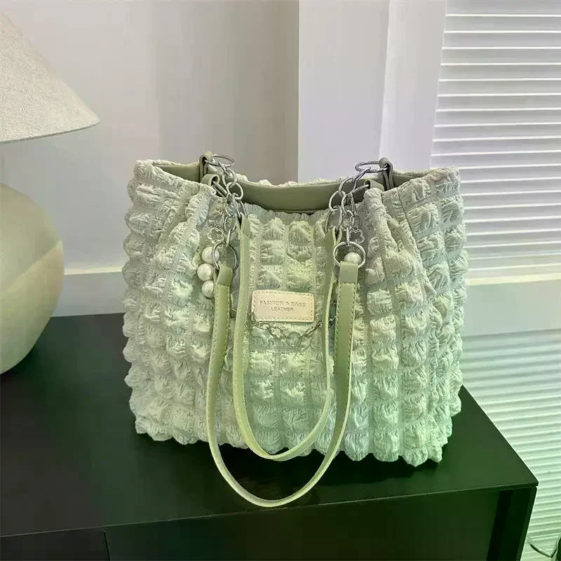 Bubble Textured Tote Bag with Pearl Chain – Large Capacity Tote Bag Qme