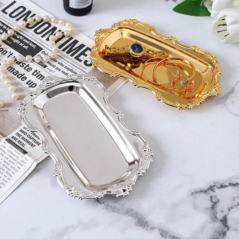 Vintage Embossed Metal Serving Tray – Dessert & Jewelry Organizer Decorative Serving Tray Qst