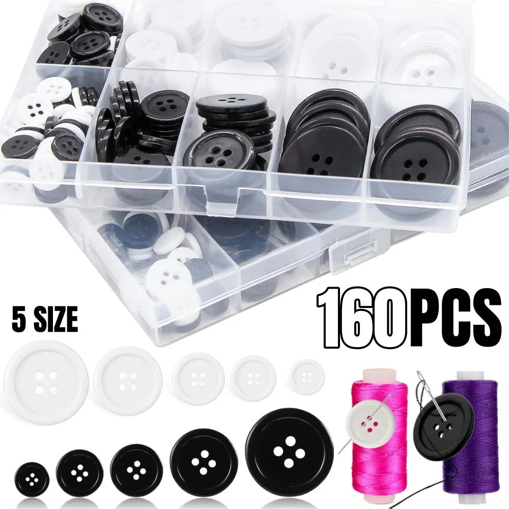 160pcs Round Resin Sewing Buttons 4-Hole Mixed 5 Sizes Black White Sewing Buttons Qme