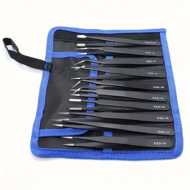 Qme 10pc Anti-Static Precision Tweezers Set with Canvas Bag Precision Tweezers Set Qme