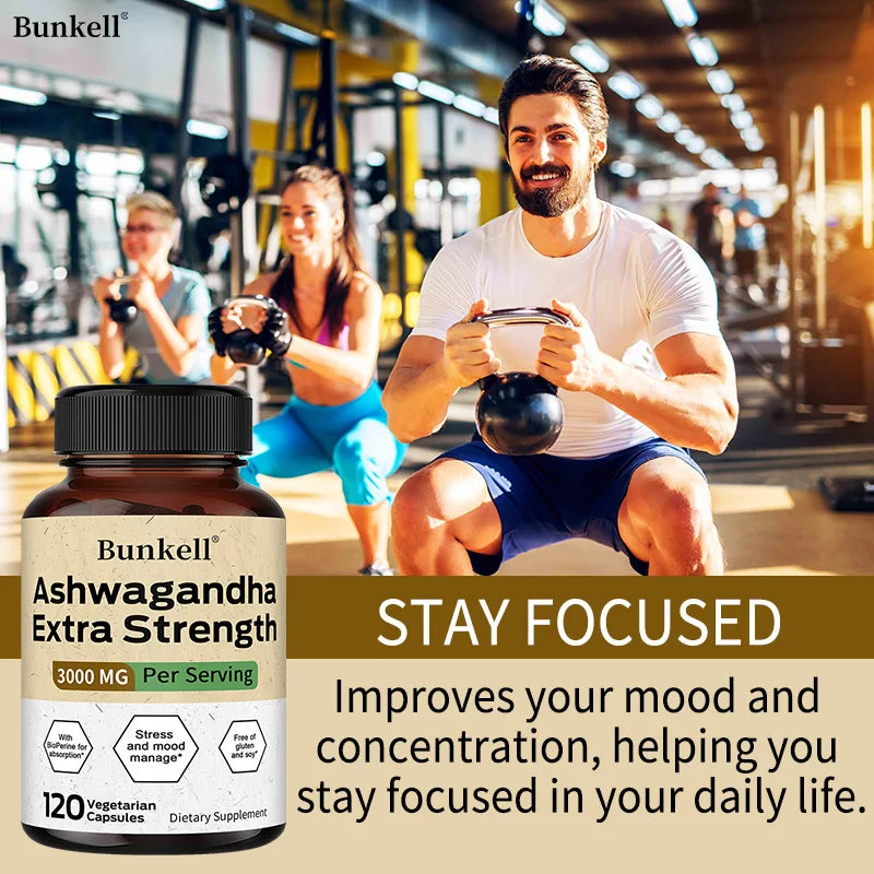 Organic Ashwagandha 3000mg + BioPerine Capsules | Bunkell Herbal Supplement Qst