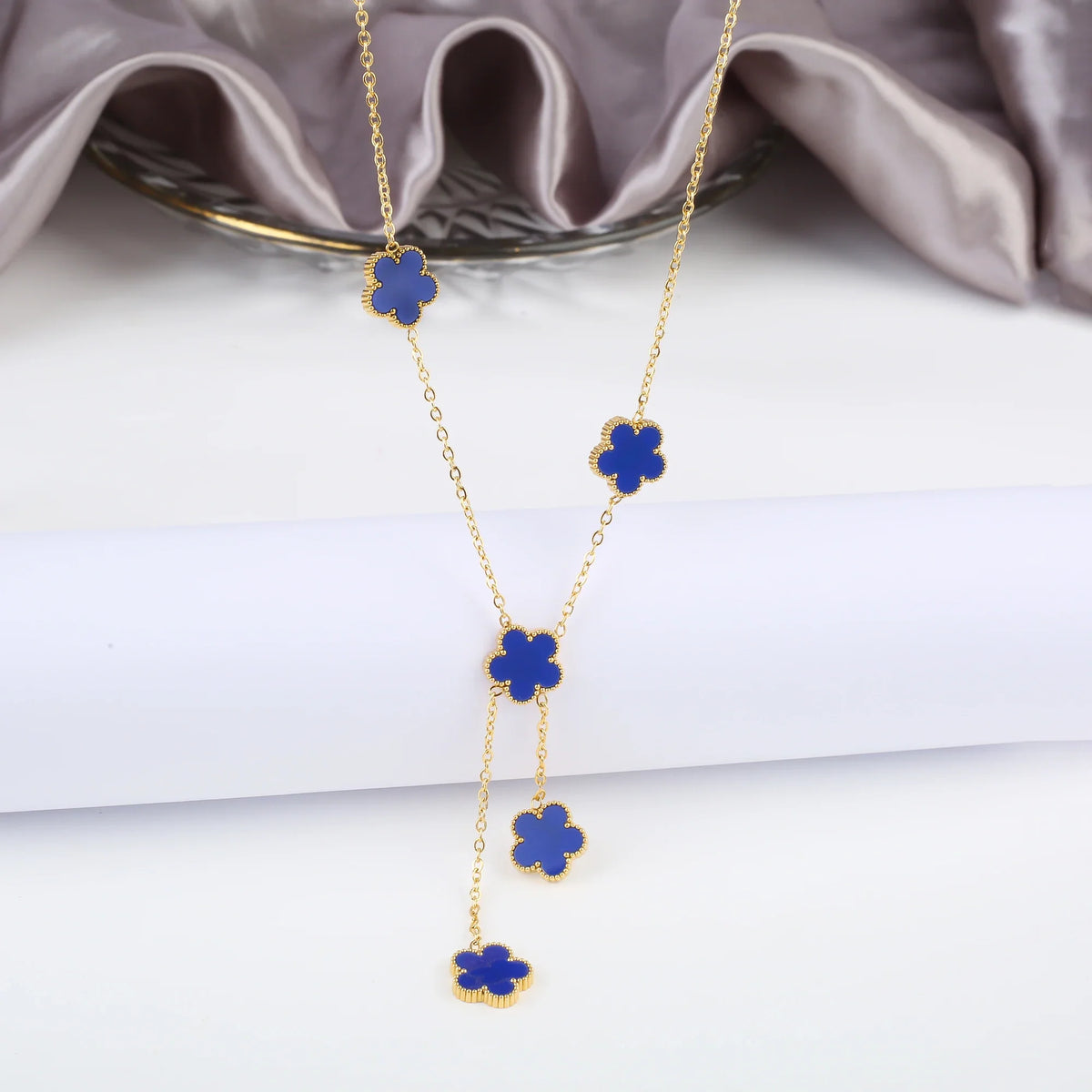 Five Leaf Flower Stainless Steel Bracelet Necklace Earrings Set Jewelry Set Qme Blue Necklace