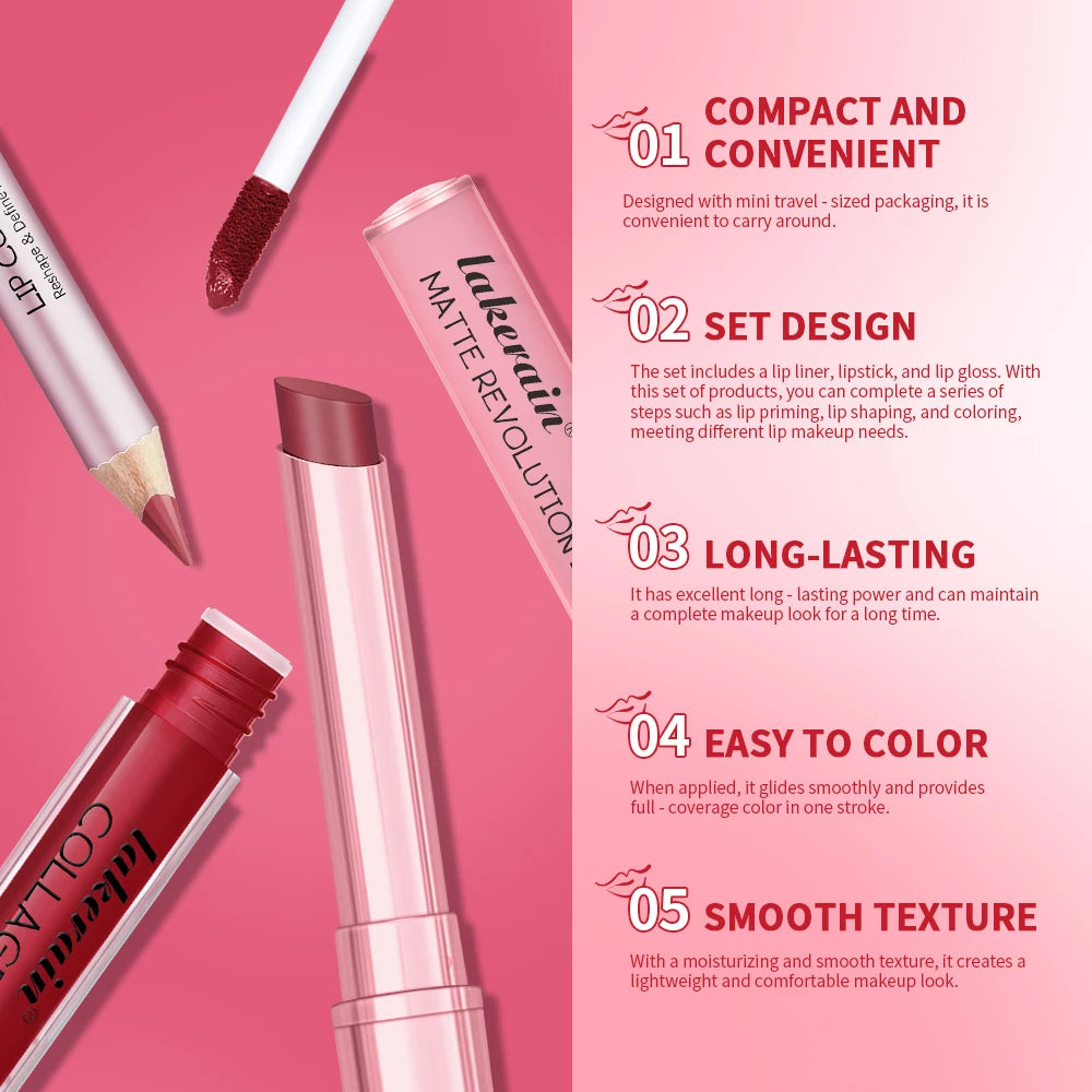 Iconic Mini Lip Kit – Waterproof Lipstick, Liner & Gloss Set Lip Makeup Set Qst