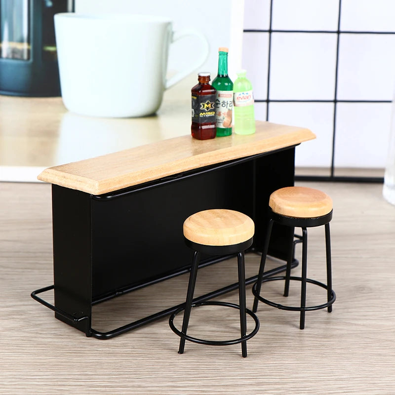 1:12 Dollhouse Miniature Bar Counter & Stool Set – 3 Pcs Dollhouse Furniture Set Qst