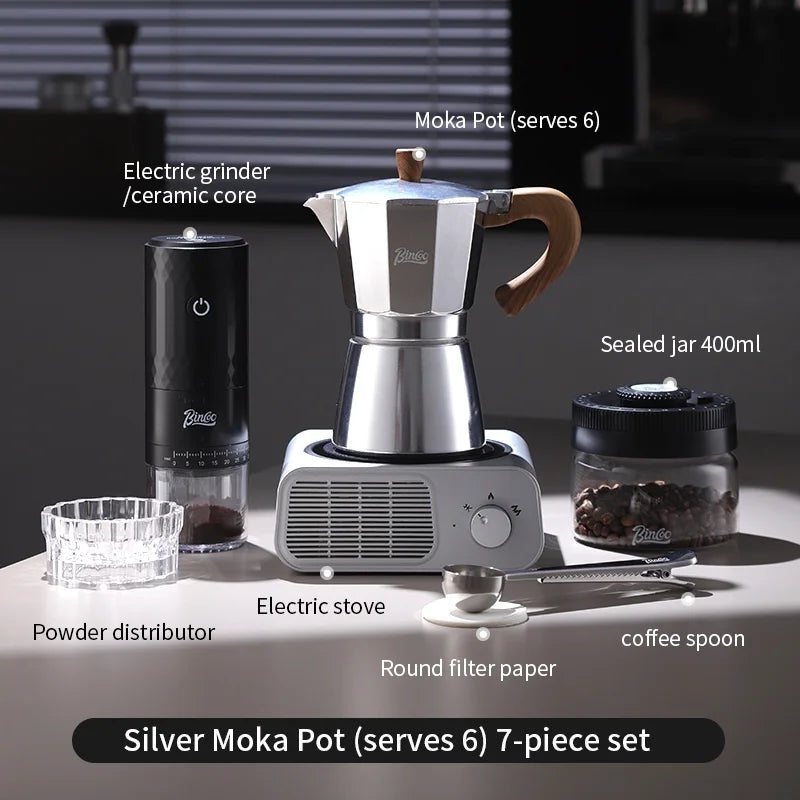 BINCOO Moka Pot Kit – Electric Heater & Manual Grinder Moka Pot Bundle Qst 7pcs Set B-6cups