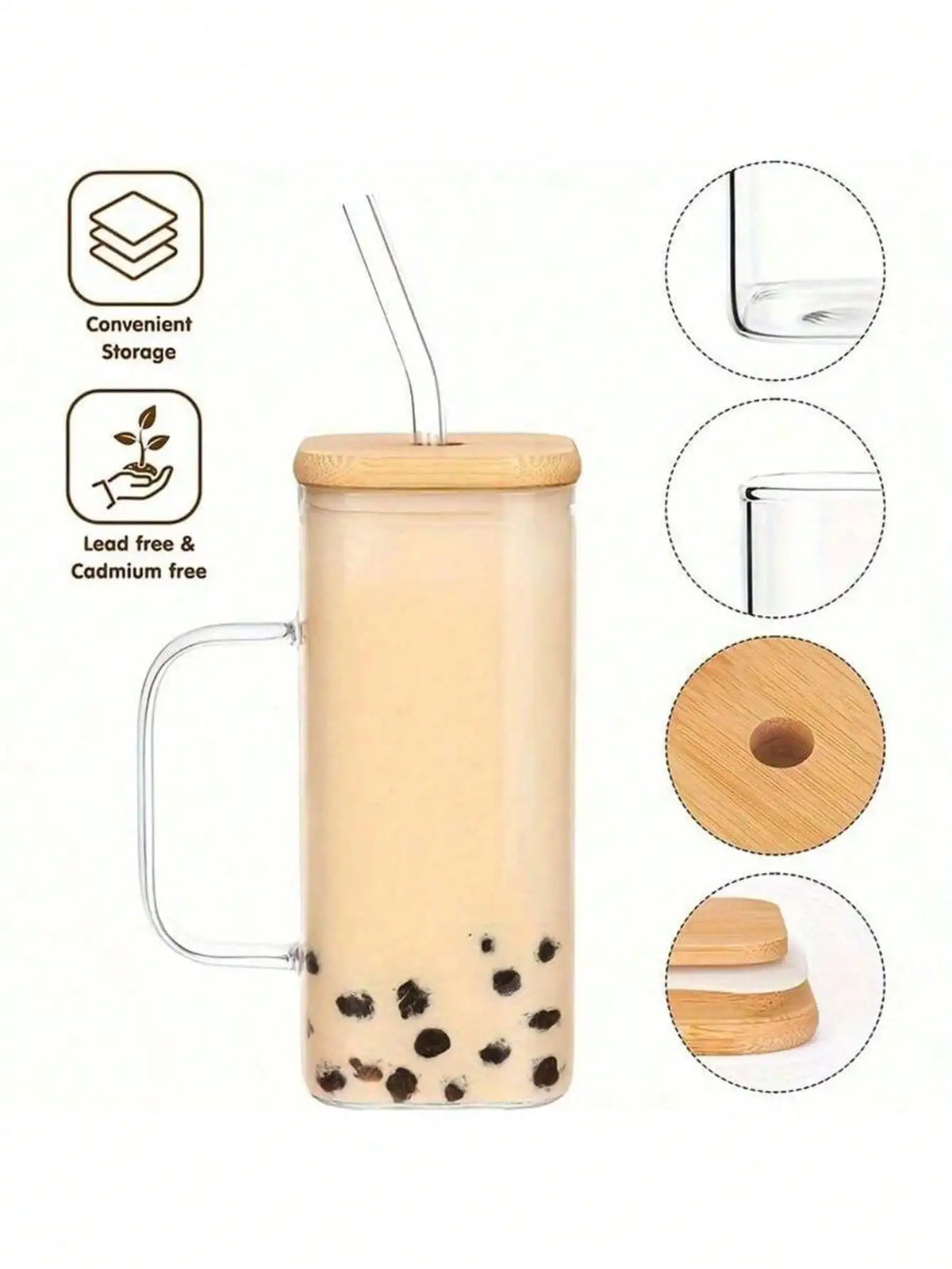 Bamboo Lid Square Glass Cup with Straw & Handle | Iced Coffee Glass Tumbler Qme