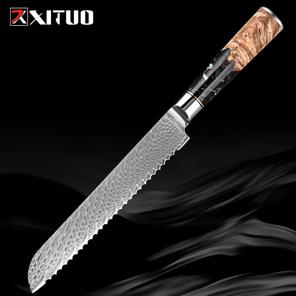 XITUO 8-Inch Damascus Serrated Bread Knife – 67-Layer Steel Serrated Bread Knife Qst Bread Knife