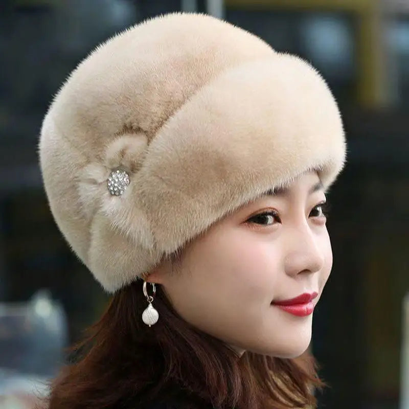 Women's Faux Fur Winter Bucket Hat with Flower Decor Winter Bucket Hat Qst Coffee