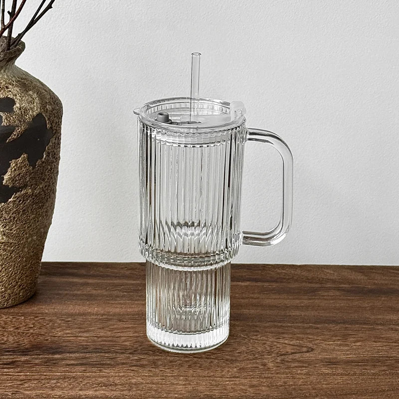 Striped Glass Cup with Handle, Lid & Straw – 600ml Glass Tumbler Set Qme Glass Cup 600ml