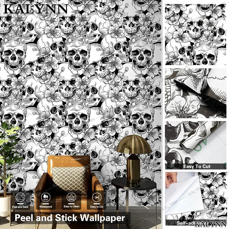 Sugar Skull Floral Peel & Stick Wallpaper – Black & White Peel & Stick Wallpaper Qme