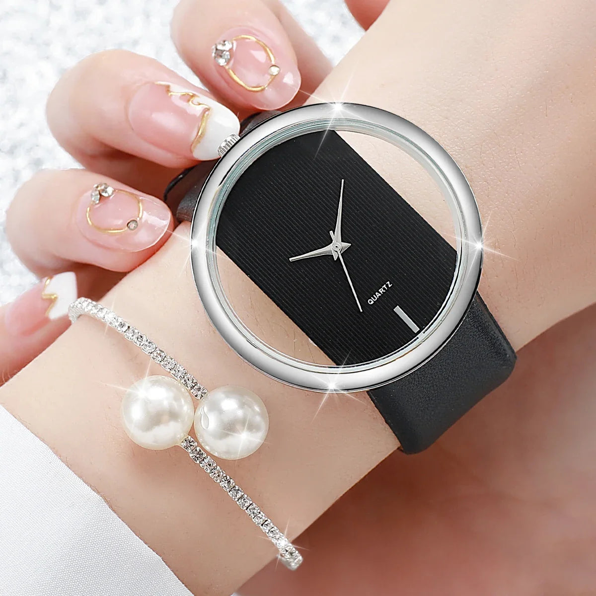 Women's 2-Piece Hollow-Out Dial Watch & Leather Bracelet Set Watch & Bracelet Set Qme black