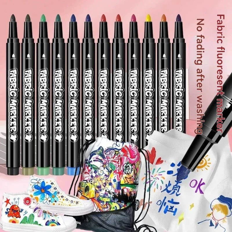 12 Washable Fabric Art Markers – Non-Fading DIY Craft Pens Fabric Art Markers Qme