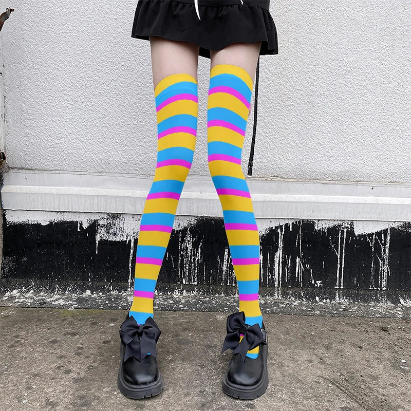 Rainbow Striped Thigh High Stockings | Kawaii Multicolor Hosiery Thigh High Stockings Qme
