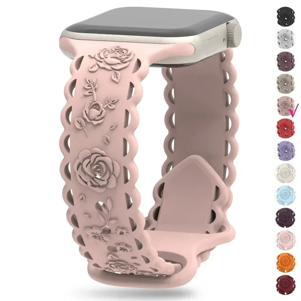 Engraved Floral Silicone Apple Watch Band – 20 Colors Watch Band Qme