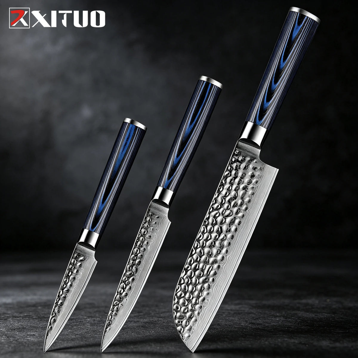 XITUO 4-Piece Damascus Steel Kitchen Knife Set – Hammered Kitchen Knife Set Qst 3PCS Knife