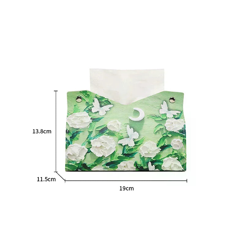 Oil Painting Flowers PU Leather Tissue Box | Decorative Tabletop Decorative Tissue Box Qme