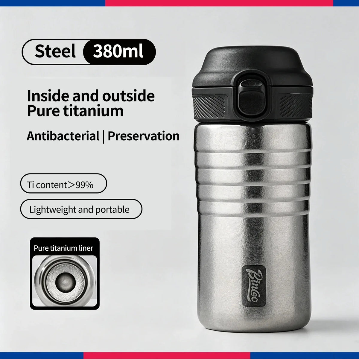 BINCOO Pure Titanium Insulated Travel Mug – Leakproof Thermos Titanium Travel Mug Qst 380ml 301-400ml