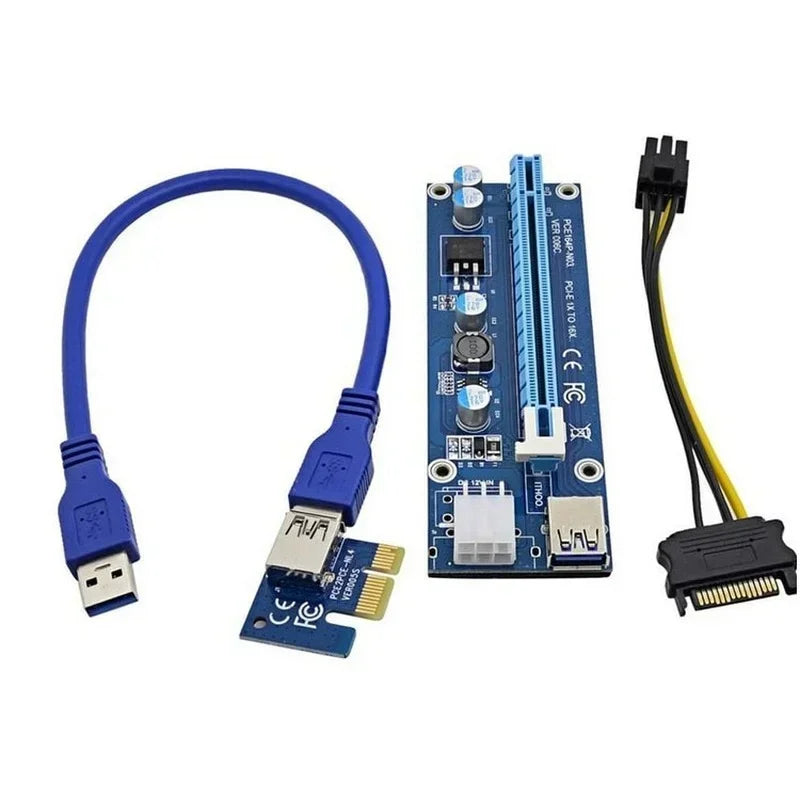 PCI-E 1X to 16X Riser Card SATA 6-Pin USB 3.0 Cable | GPU Rig PCIe Riser Card Qme