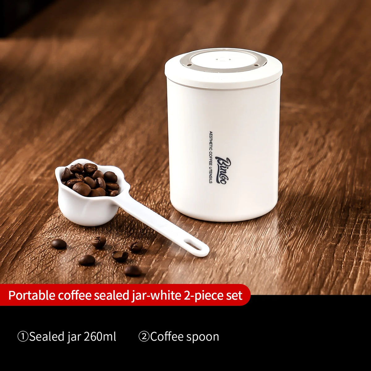 Bincoo Mini Airtight Coffee Bean Storage Jar – Travel Tin Coffee Storage Jar Qst White spoon 2pcs