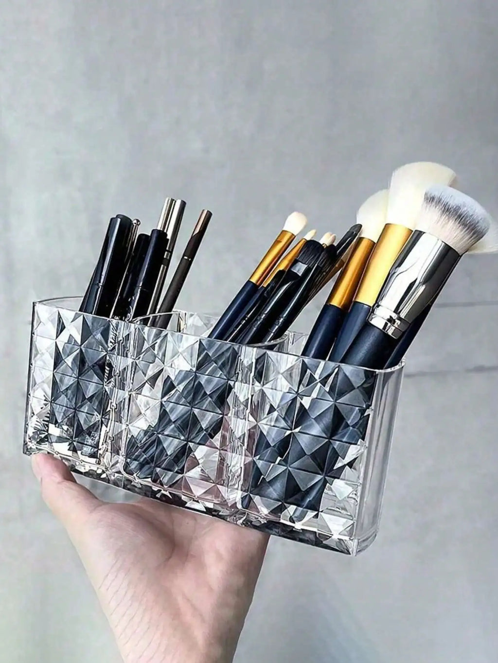Clear Acrylic Makeup Brush Organizer – 3 Compartments Makeup Brush Organizer Qme
