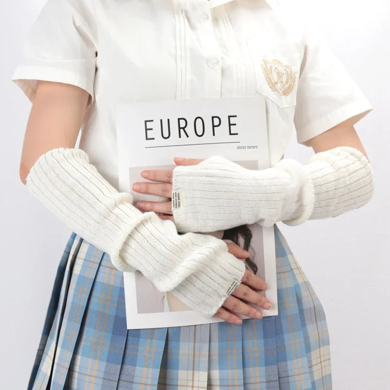 Women Y2K Fingerless Mittens – Cosplay Anime Knit Gloves Fingerless Mittens Qme WHITE