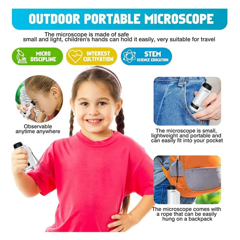Kids Handheld Microscope 60X-180X Zoom LED STEM Pocket Toy Kids Science Toy Qme