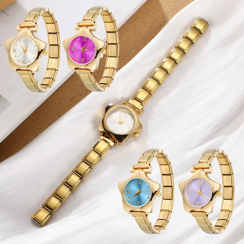 Gold Retro Star Dial Unisex Watch – Stainless Steel Strap Unisex Fashion Watch Qme
