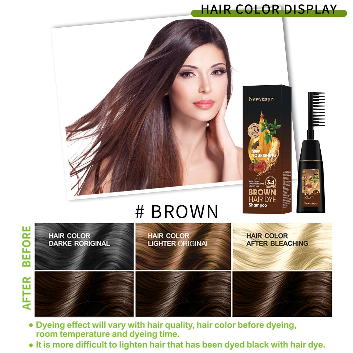 NEWVENPER Brown Hair Color Shampoo 2-Pack with Hair Brush Hair Dye Shampoo Qst