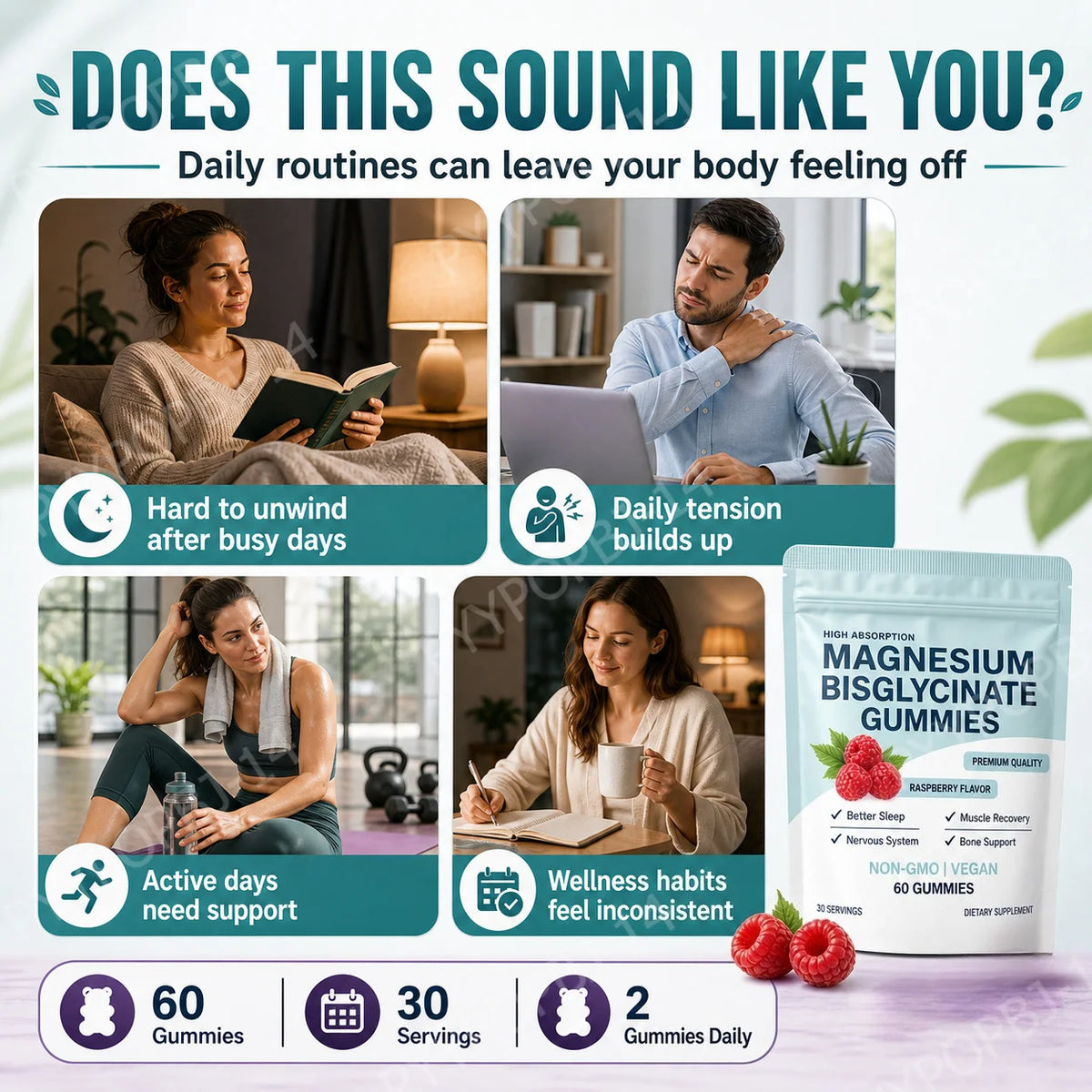 Magnesium Bisglycinate Gummies 400mg Sugar Free Raspberry 60ct Magnesium Supplement Qst