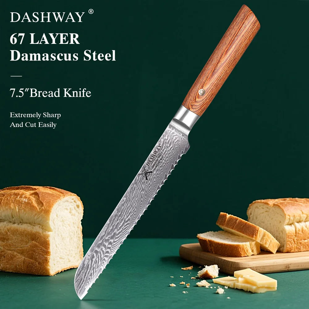 DASHWAY 7.5" Damascus Serrated Bread Knife – Pakkawood Handle Damascus Bread Knife Qst Bread Knife 7.5 inch