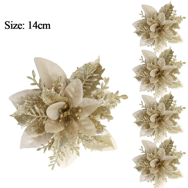 10 Christmas Glitter Artificial Flowers DIY Tree Ornaments Christmas Tree Ornaments Qme Gold 1pcs
