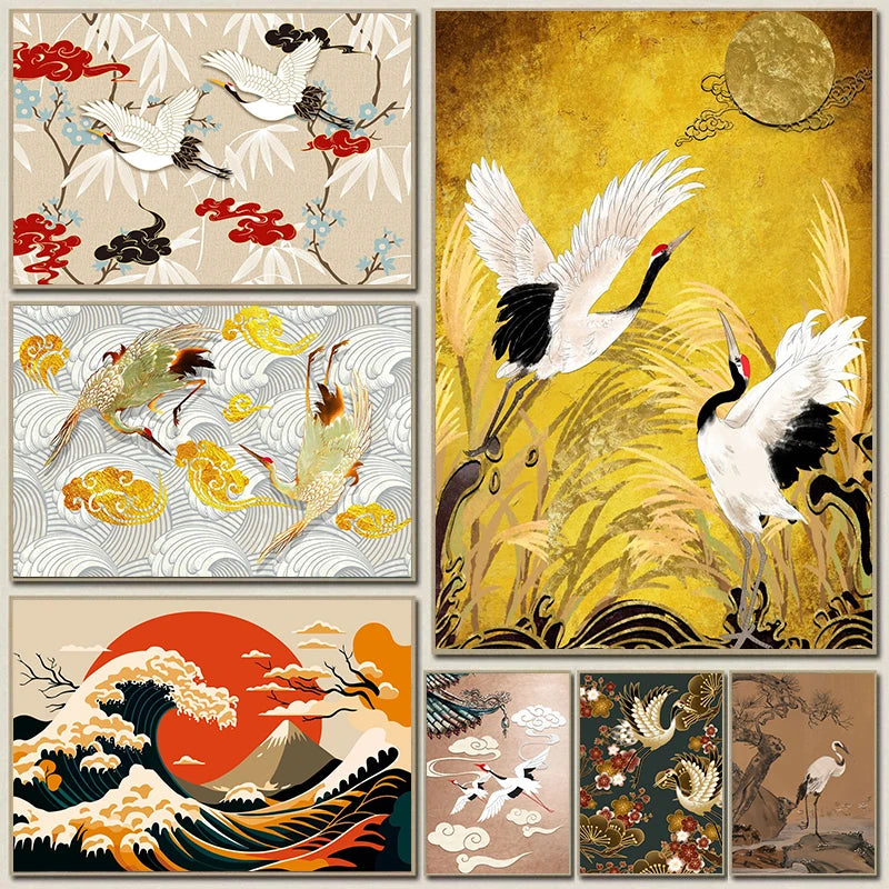 Retro Golden Crane Canvas Wall Art – Vintage Bird Poster Print Canvas Wall Art Qst