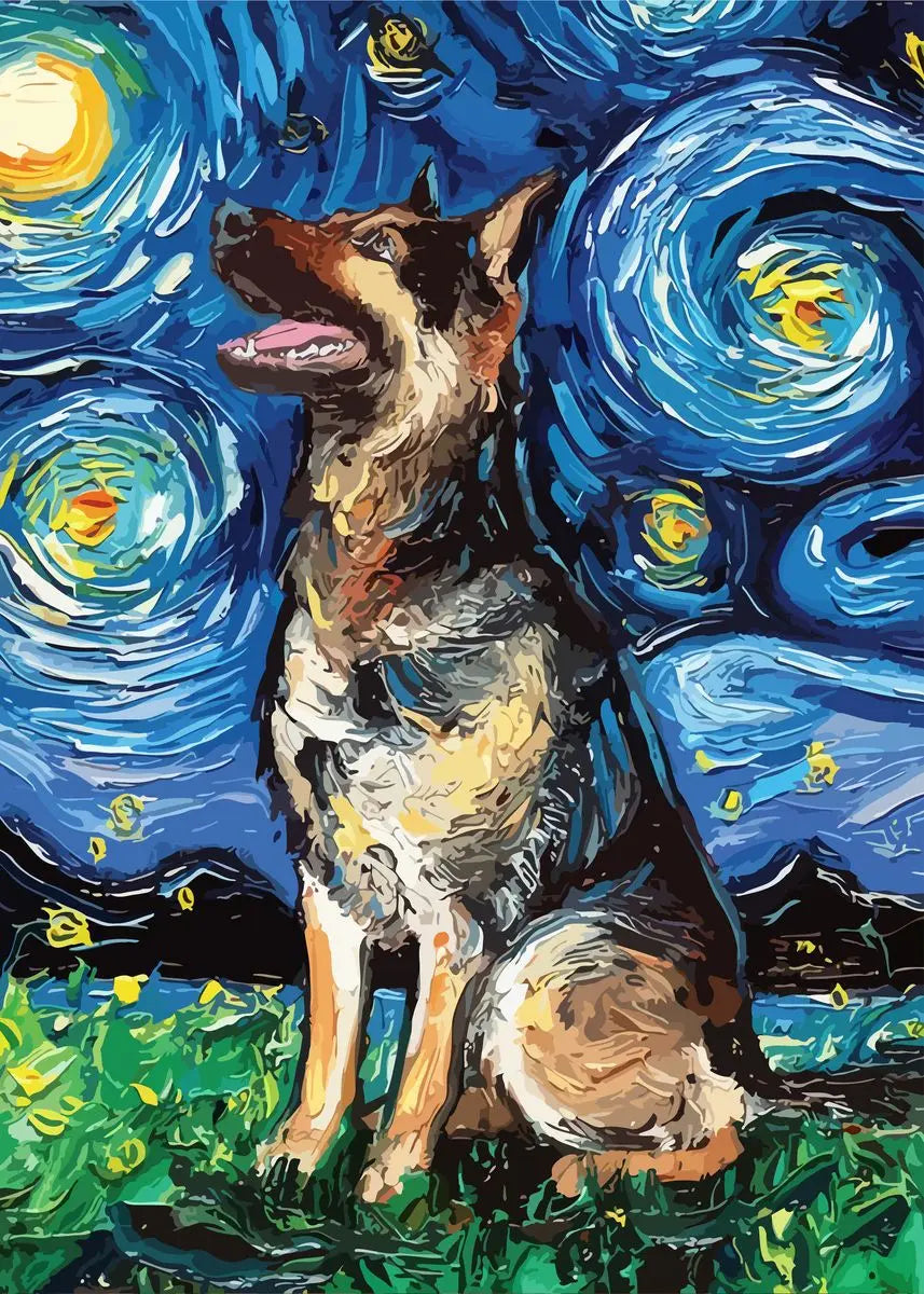 Van Gogh Starry Night Dog Canvas Print | German Shepherd Wall Art Canvas Wall Art Qst K 60X90cm No Framed