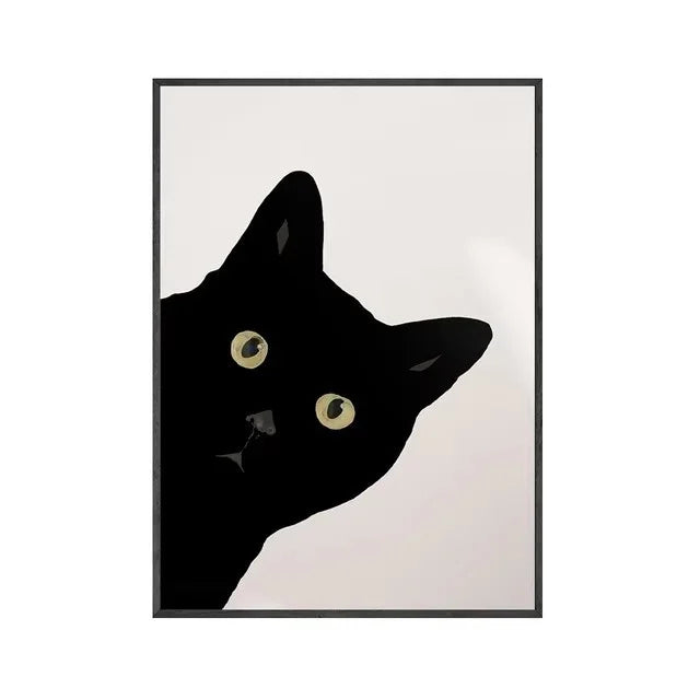 Peeping Black Cat Canvas Wall Art – Funny Minimalist Poster
