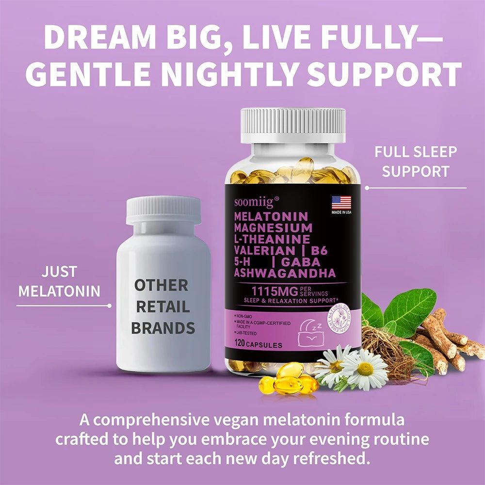 SOOMIIG 12-in-1 Melatonin 5mg Sleep Capsules – Vegan Non-GMO Sleep Supplement Qst