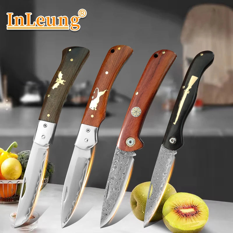 Damascus VG10 Folding Kitchen Knife – Wood Handle | InLeung Folding Kitchen Knife Qst