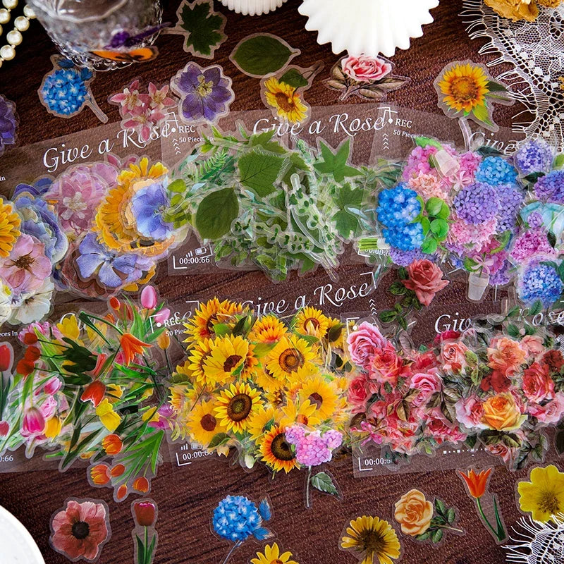 100pcs Waterproof Flower Stickers – Rose Tulip Daisy Clear Decals Craft Sticker Pack Qme
