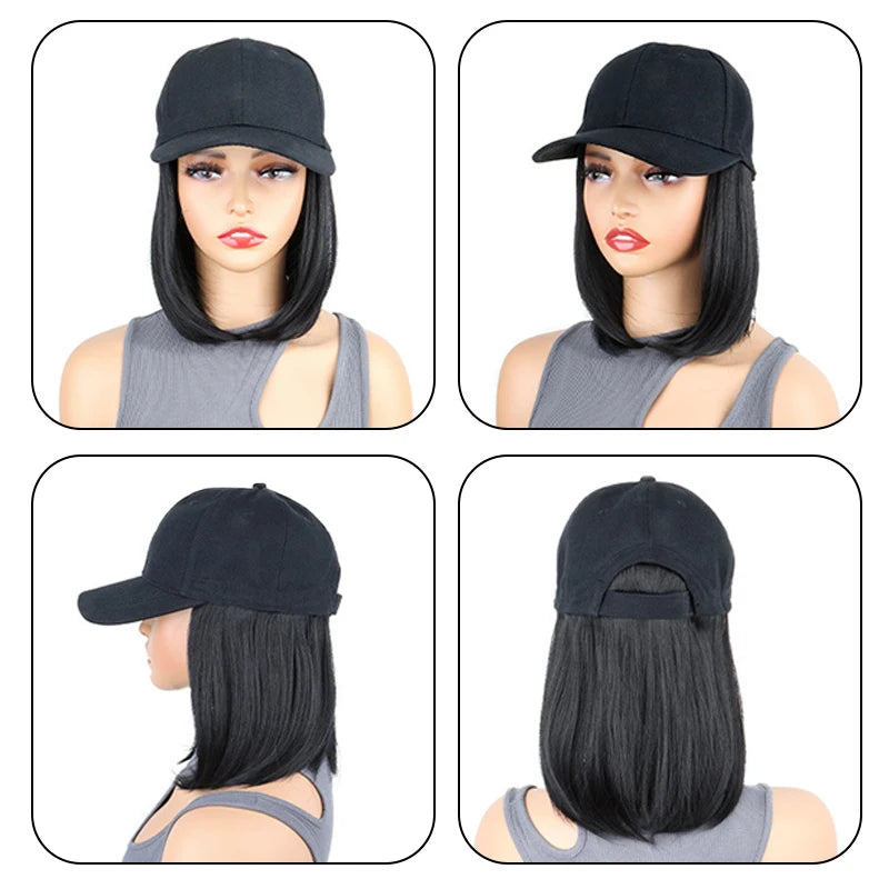 Bob Wig Baseball Cap – Synthetic Hair Hat, Adjustable Fit Wig Baseball Cap Qst Black