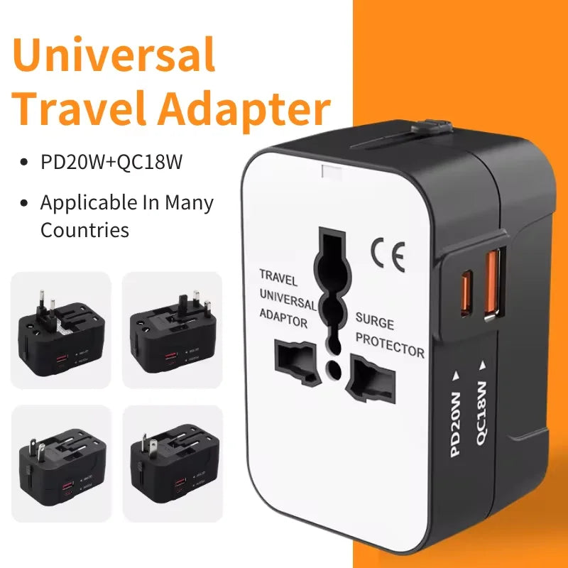 Universal Travel Adapter USB-C USB-A | EU UK US AU Plug Travel Power Adapter Qme All Black