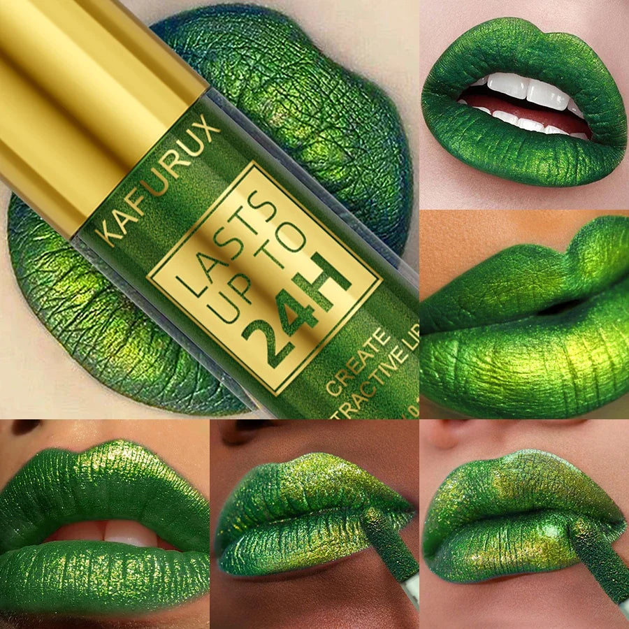 Green Glitter Lip Glaze – Waterproof Metallic Long-Lasting Gloss Glitter Lip Glaze Qme